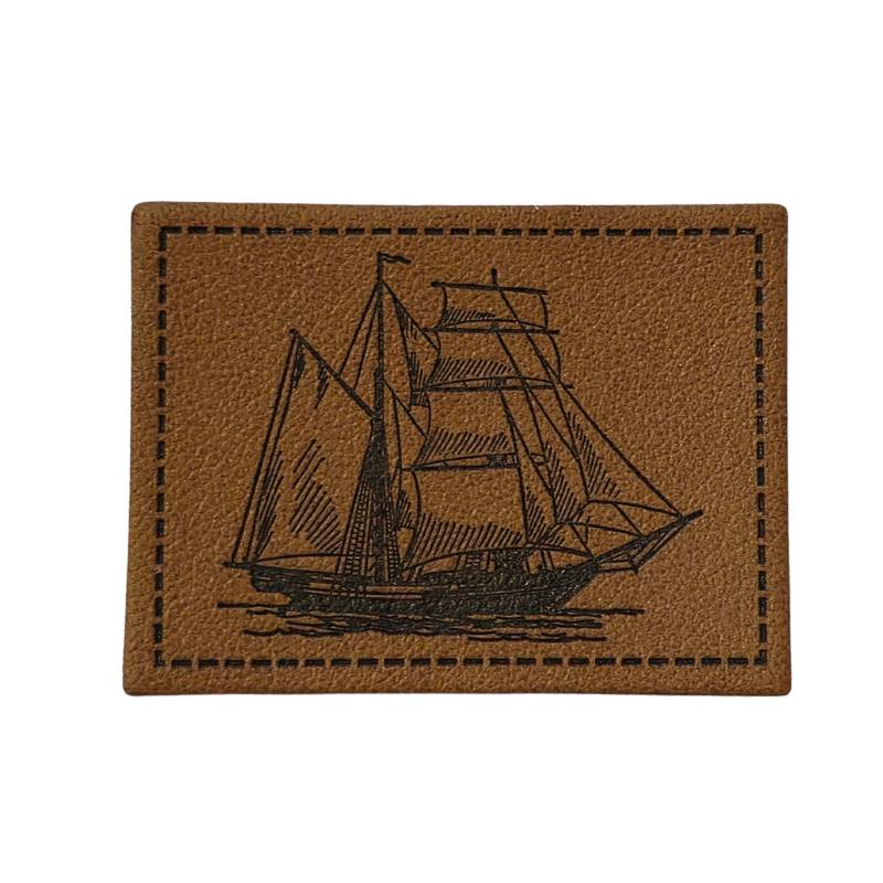 [629 3439 000] "Schiff" Kunstleder Label 4 x 3 cm