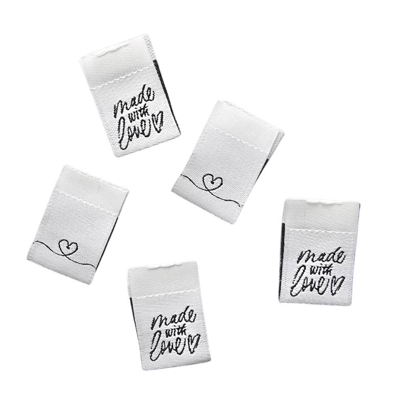 [630 9974 000] 5er Set Weblabel Herz und Handmade with love zum Einnähen 15 x 22 mm mit Annähkante